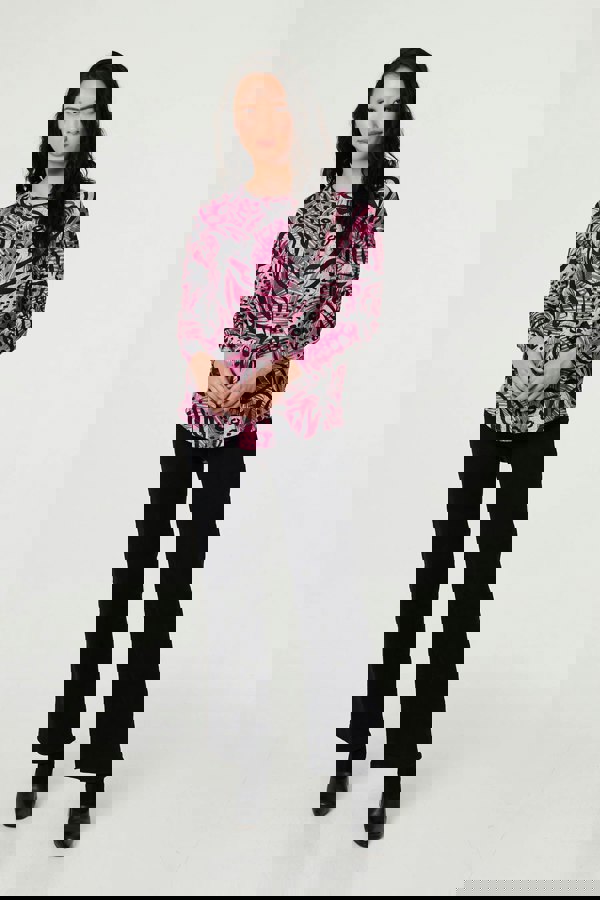 Pink | Animal Print Long Sleeve Curve Hem Top
