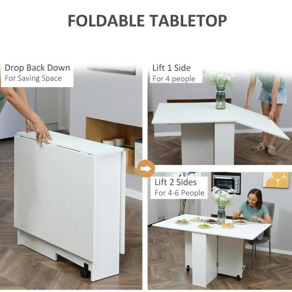 White folding drop-leaf tabletop showing lift mechanism for saving space