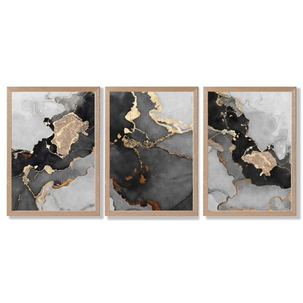 Artze Wall Art Framed Set of 3 Abstract Art prints of Paintings Black Grey and Gold