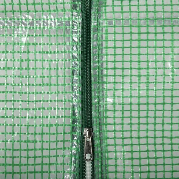Green PE mesh greenhouse door zipper with pull tab on steel frame