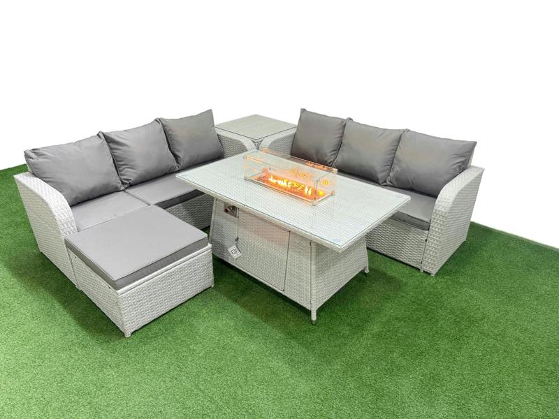 Fimous 7 Seater Wicker Rattan Garden Furniture Patio Set, Firepit Table, High Back Lounge Sofa, Big Footstool, Side Table, Light Grey