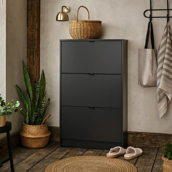 Wyld Haus Prague Black Shoe Cabinet 3 Flip Down Doors 6 Shelves