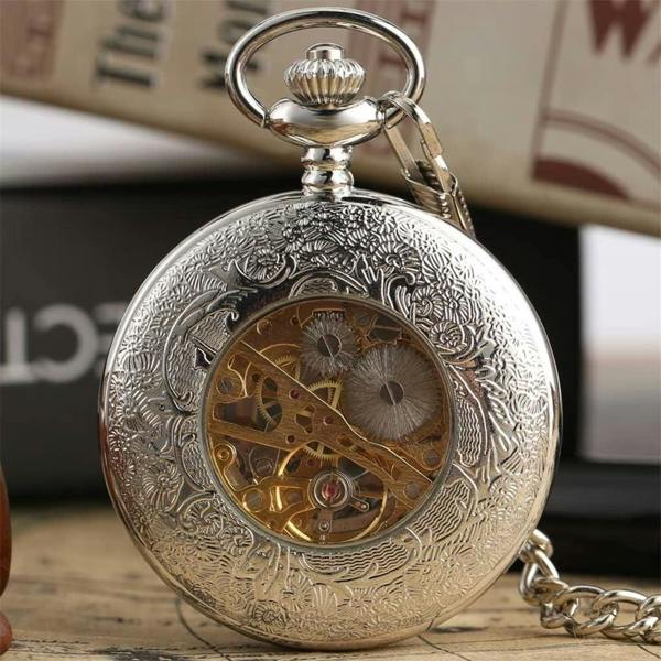 Infinity Leather Antique Brass Alloy Skeleton Half Hunter Pocket Watch