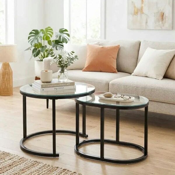 Nest of Tables with Steel Frame and Tempered Glass Tabletop, Modern Coffee Table Set of 2, Black - Black