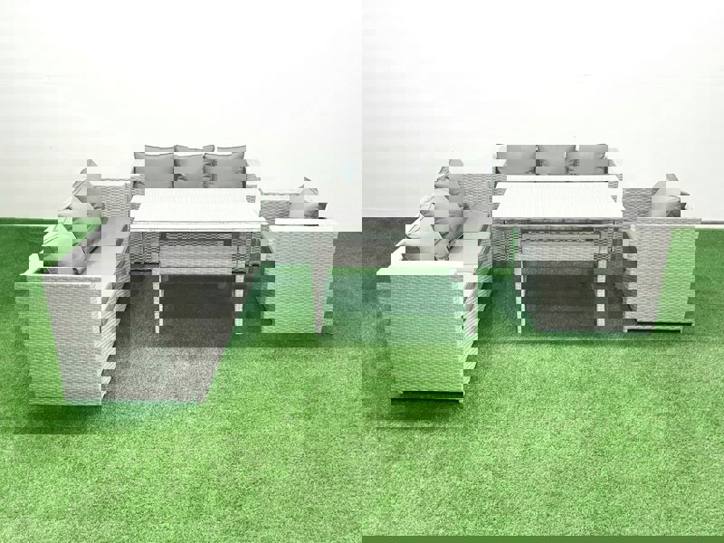 Fimous 4 Pieces Outdoor Rattan Sofa Set with Cushions Patio Garden Furniture Sets with Armchair Dining Table Light Grey Mixed