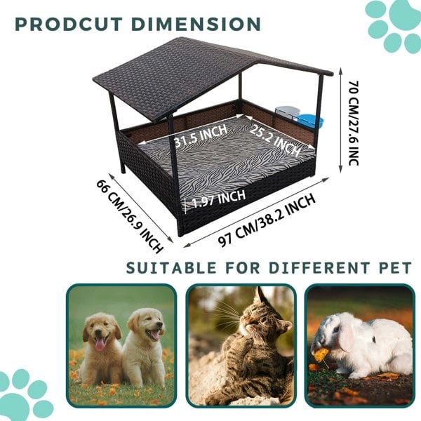 Furniture One Outdoor Rattan Wicker Dog House with Canopy, Outside Dog Shelter with Removable Cushion Lounge, Dog Bowl & Washable Cover