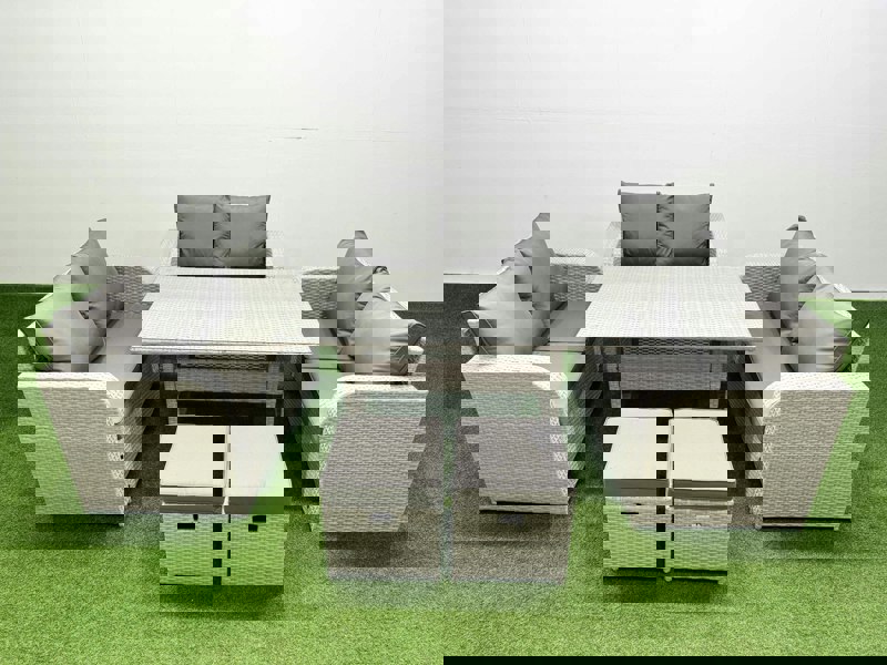 Fimous  8 Seater PE Wicker Rattan Furniture Sofa Sets with Rectangular Dining Table 2 Seater Love Sofa 2 Stool Light Grey