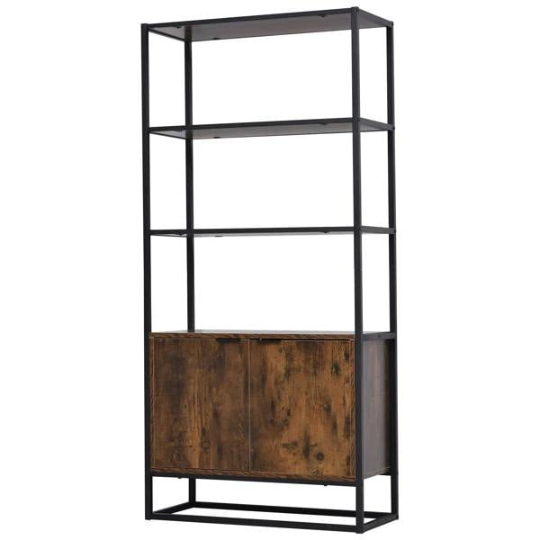 Front view industrial bookshelf with black metal frame and rustic brown cabinet drawer