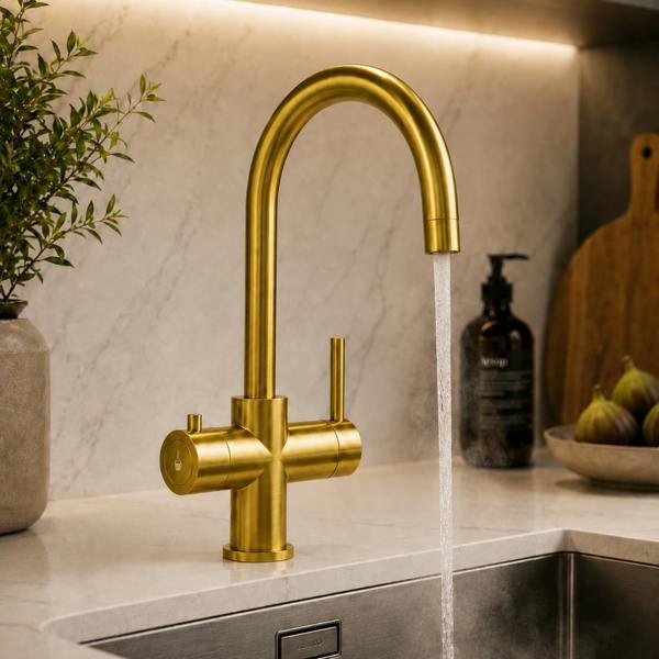 Brushed gold boiling water tap in a modern high end kitchen sink