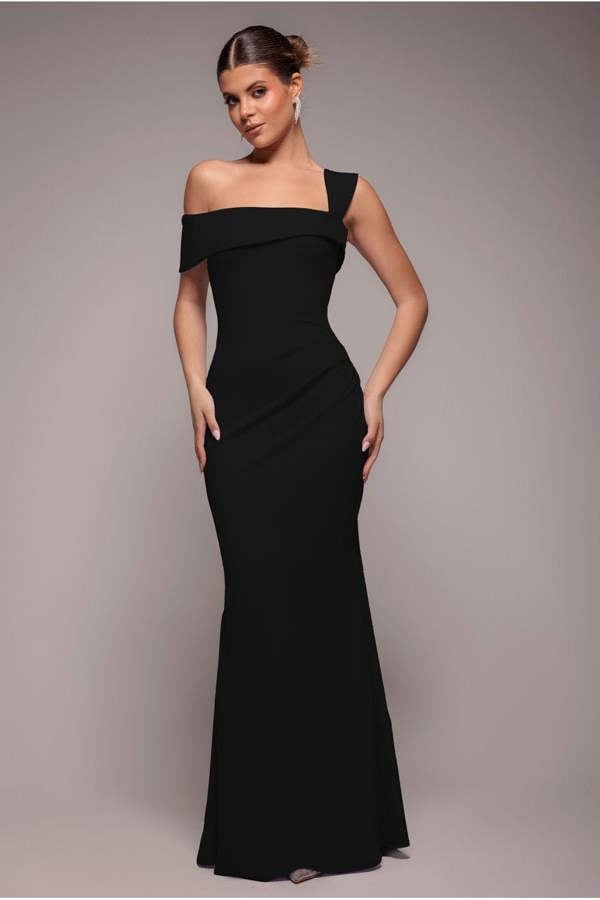 Off The Shoulder Pleated Waist Maxi Dress - Black DR2594