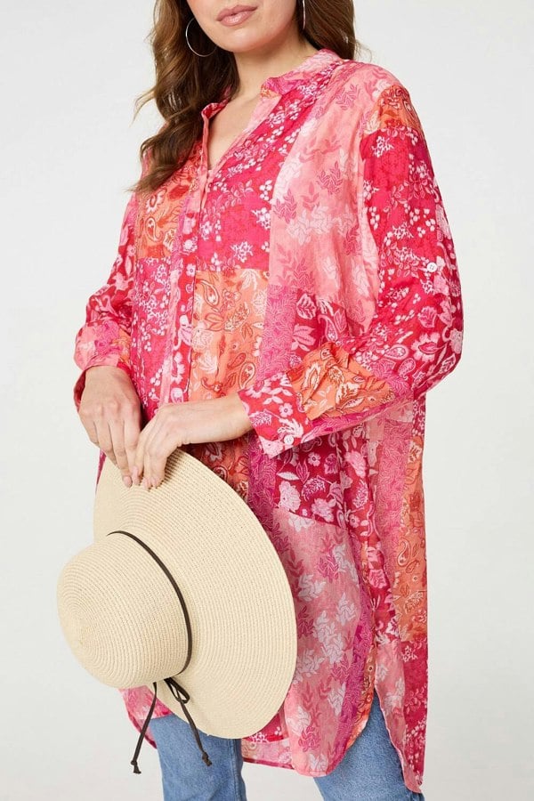 Red | Patchwork Print Semi Sheer Longline Shirt
