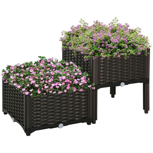 Set of 2 elevated rattan-pattern planter boxes with purple flowers, brown, on stands