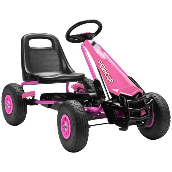 Kids pink pedal go kart with black seat, steering wheel and four EVA-style tires