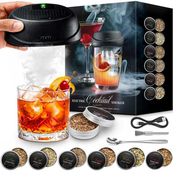 Main product image of the electric cocktail smoker set displaying the retail box, device in hand, smoked cocktail, accessories, and six wood chip tins.