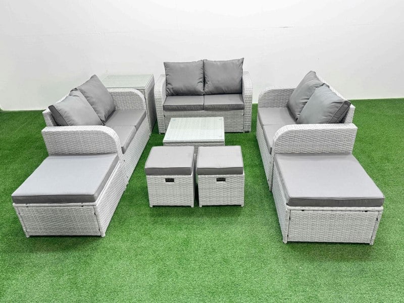Fimous Outdoor Garden Furniture Set PE Rattan Love Sofa Set with Coffee Table 4 Footstools Side Table Light Grey