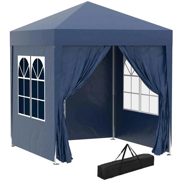 Blue pop-up garden gazebo with sidewalls, window panels, and folded carry bag