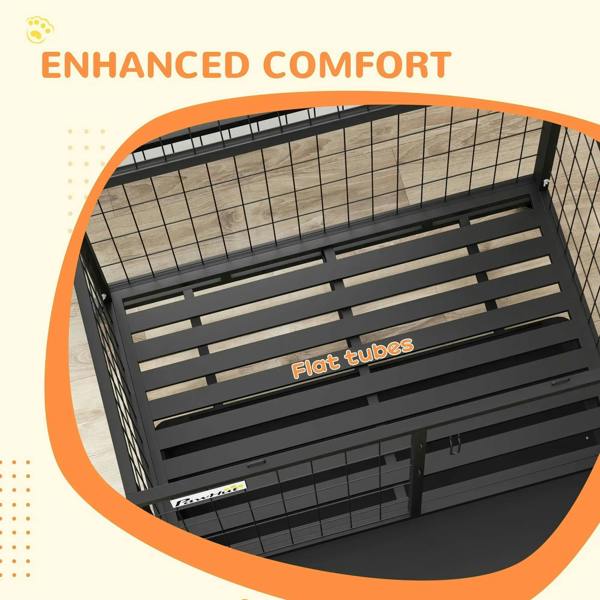 Black dog crate interior with flat tube bars on the elevated base floor