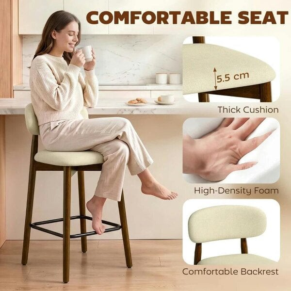 Bar Stools Curved Open Back Padded Seat Footrest Set of 2 for Kitchen Beige