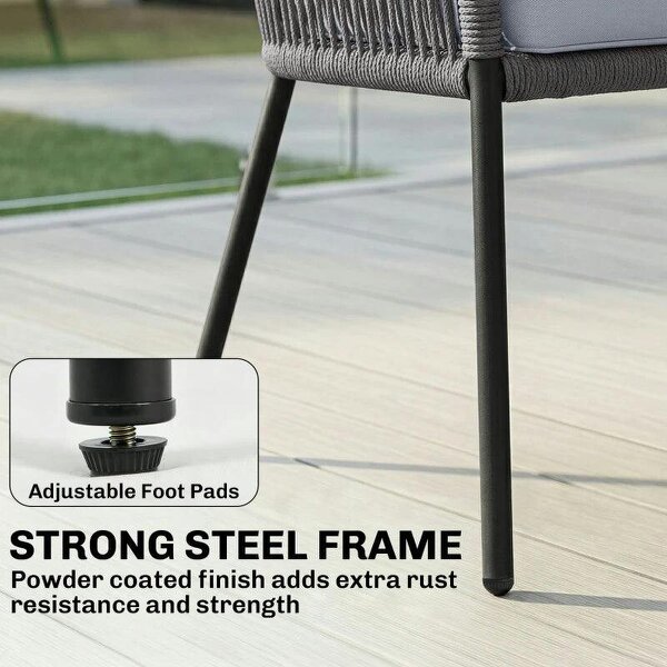 4 Piece Garden Furniture Set, Rope Garden Sofa Set with 1 Loveseat 2 Chairs Tempered Glass Table Cushions, Dark Grey