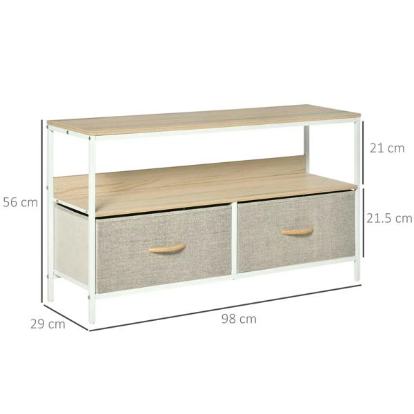 Maple wood-effect TV stand cabinet with two grey foldable drawers and open media shelf