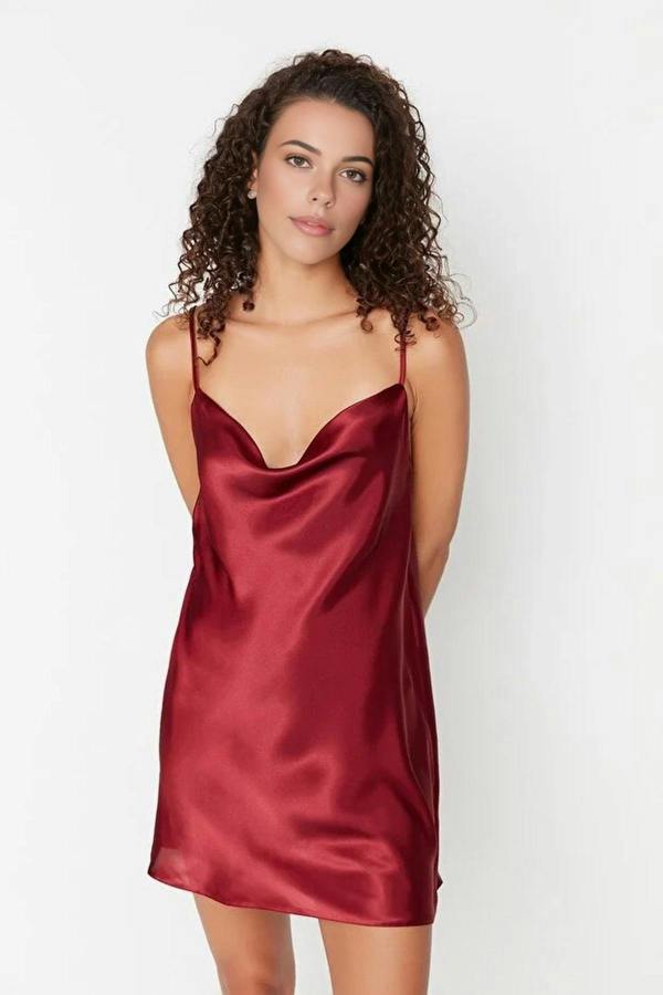 WOVCOR V-neck Back Detailed Satin Nightdress