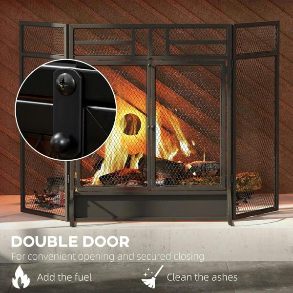 Black double-door metal mesh fireplace screen with latch and standing spark guard