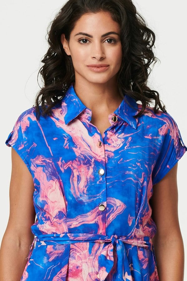 Blue | Marble Print Knee Length Shirt Dress
