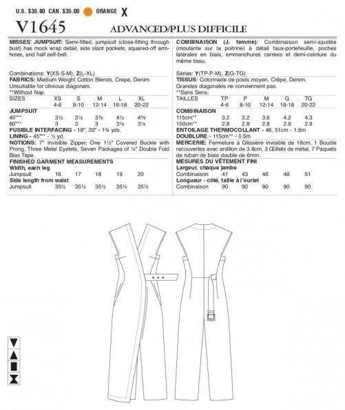 Vogue Sewing Pattern 1645, Jumpsuits for Women, Y (XSM-SML-MED) - Advanced