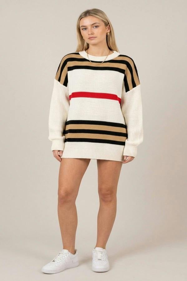 Ava Oversized Striped Long Sleeve Knitted Jumper - White