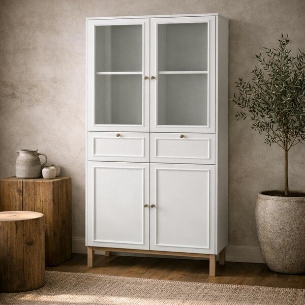 Wyld Haus Niva Light Grey and Natural Oak Effect Display Cabinet 4 Doors 2 Drawers