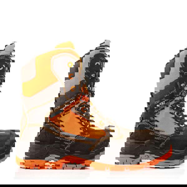 Buckbootz BVIZ1 Mens Zip Up S7S Composite Safety Ankle Boots, safety work boot with orange and black design, featuring zipper closure and reinforced toe for protection.