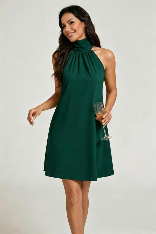 FS Collection Halter Neck Tie Back Mini Dress In Forest Green