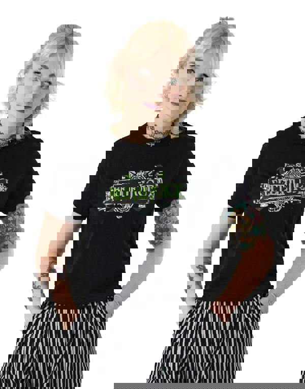 Beetlejuice Womens Black Beetlejuice Logo Crop Top Cropped Short Sleeved T-Shirt