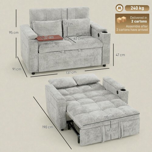 HOMCOM 2 Seater Sofa Bed with USB Port, Armrest Storage, Side Pockets, Grey
