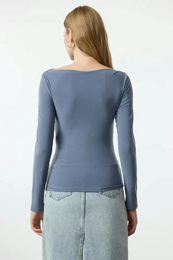 Hoxton Gal Boat Neck Draped Fitted Stretch Knit Blouse