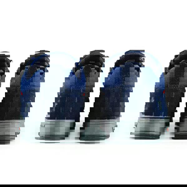 Scruffs Halo 3 Mens Safety S3 Lace Up Steel Toe Midsole Trainers, rear view of blue safety sneakers with steel toe caps and anti-slip soles.