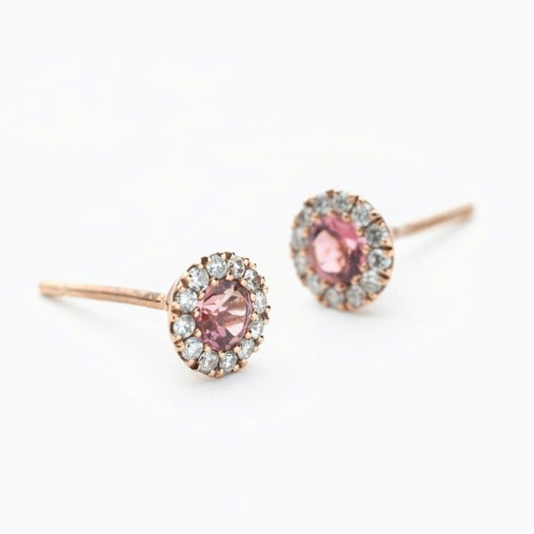 T. H. Baker 9ct Rose Gold Pink Tourmaline & Diamond Cluster Stud Earrings NTE409PTMD-9RG