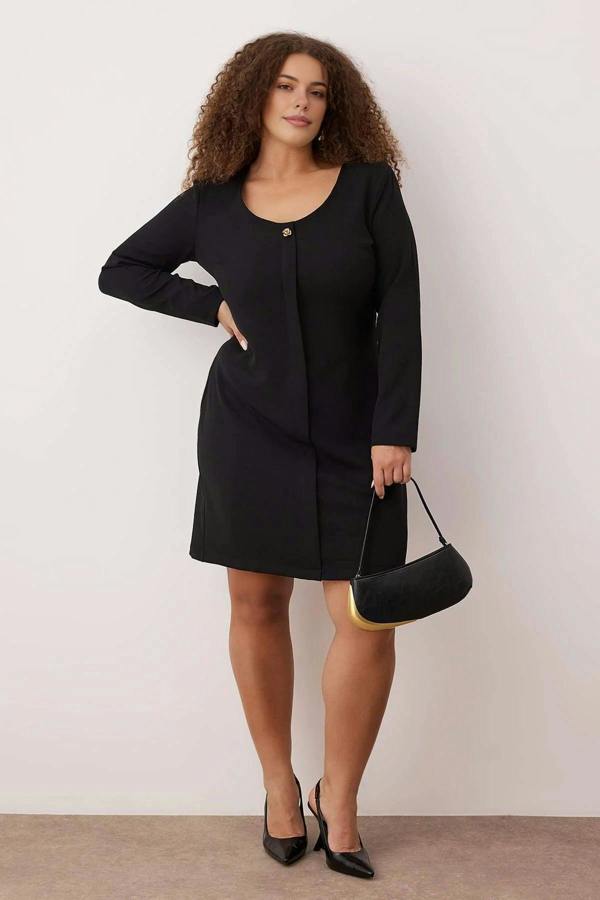 WOVCOR Pool Neck Button Detail Long Sleeve Mini Woven Plus Size Dress