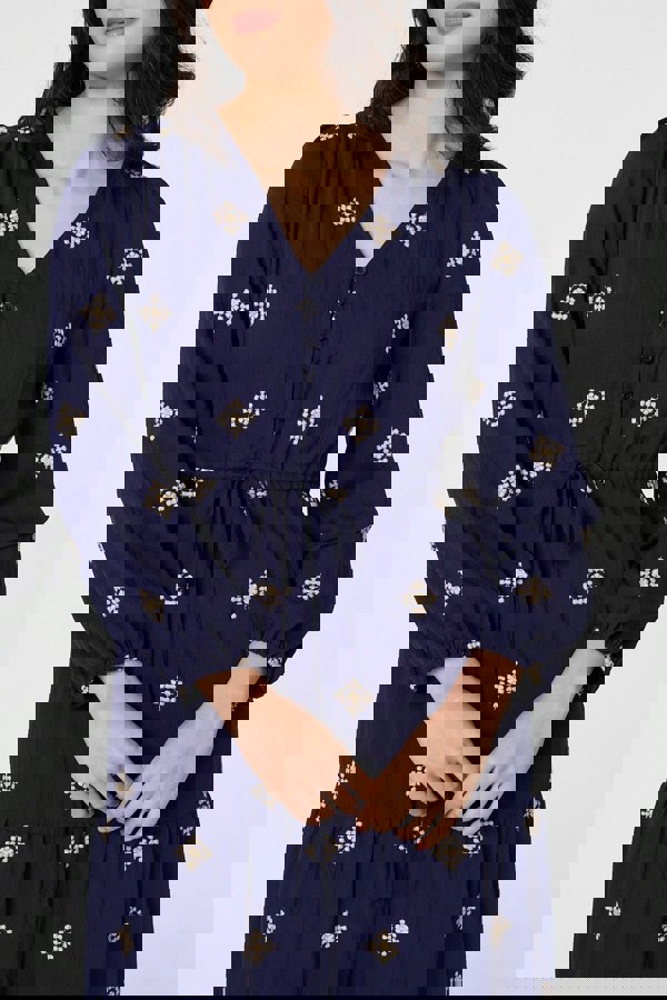 Navy | Border Print Long Sleeve Midi Dress
