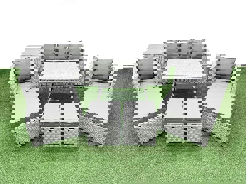 Fimous 9 Pieces Outdoor PE Rattan Sofa Armchair Set Patio Garden Furniture Sets with Cushions Side Table 4 Stools Light Grey