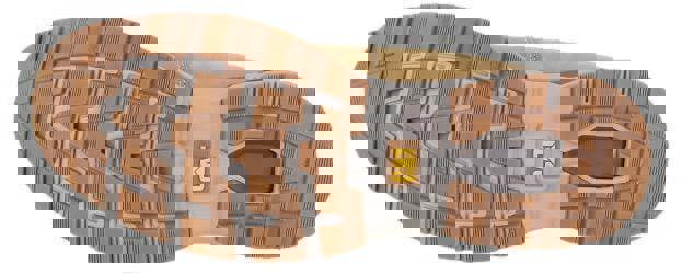 Caterpillar Pursue Mid Men's Casual Lace-Up Leather Ankle Boots, close-up view of the rubber sole with a textured tread pattern and the CAT logo in the center.