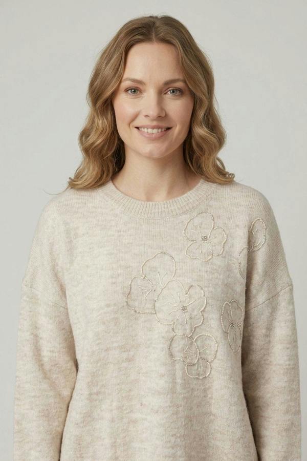 Cream | Floral Embellished Textured Jumper