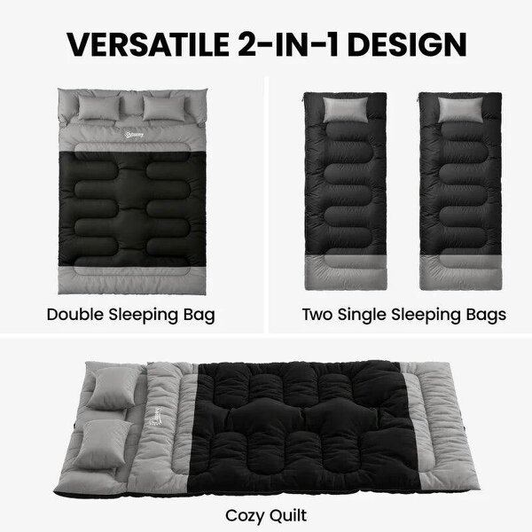 Double Sleeping Bag with 2 Pillows, 220 x 160 cm Extra-Large Sleeping Bag for Adults, Black and Grey