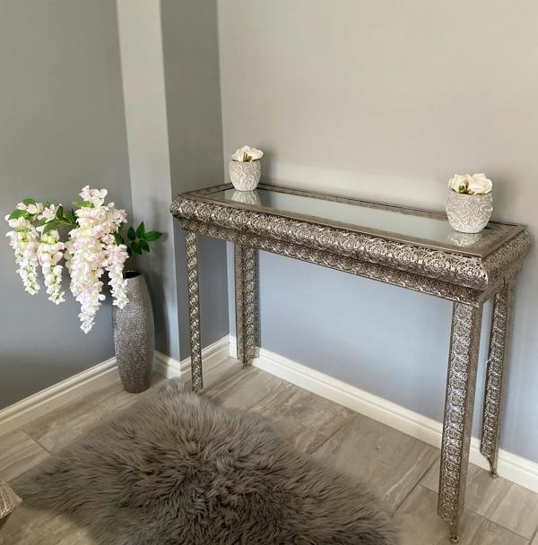 Silver Embossed Metal Mirrored Glass Console Table - Agadir Range