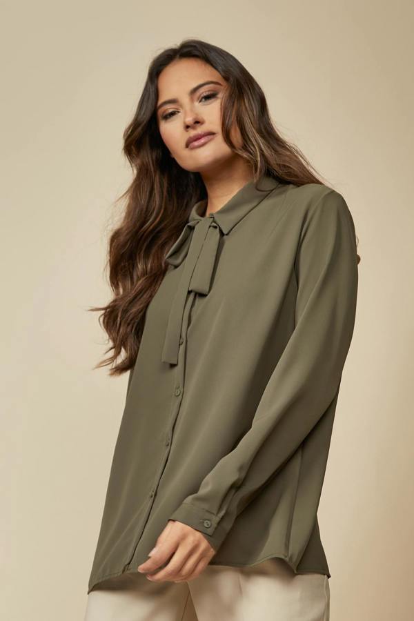 Hoxton Gal Oversized Belt Detailed Long Sleeves Shirt Top in Khaki