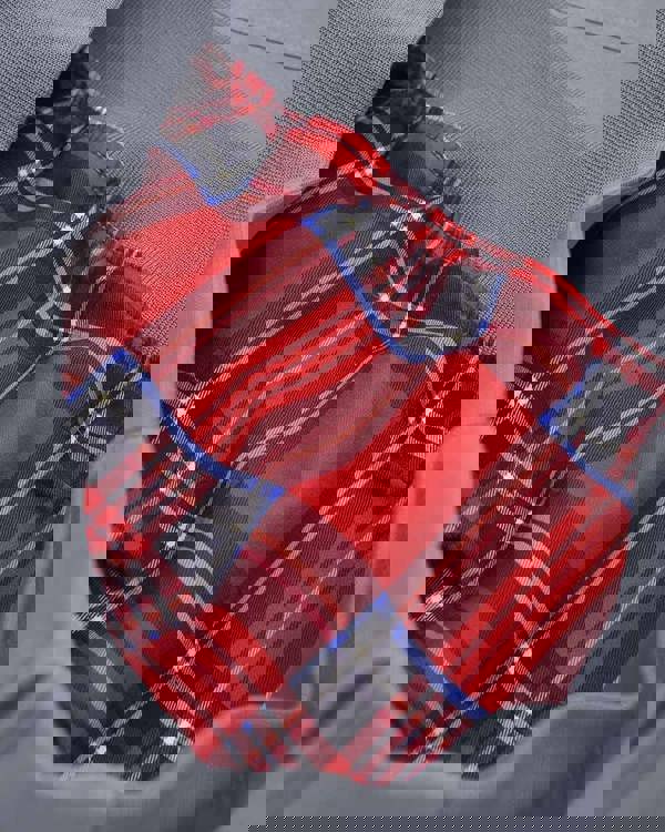 Lambretta Mens ShowerProof Classic Harrington MOD Scooter Jacket Coat, close-up of the interior showing a vibrant red tartan plaid lining.