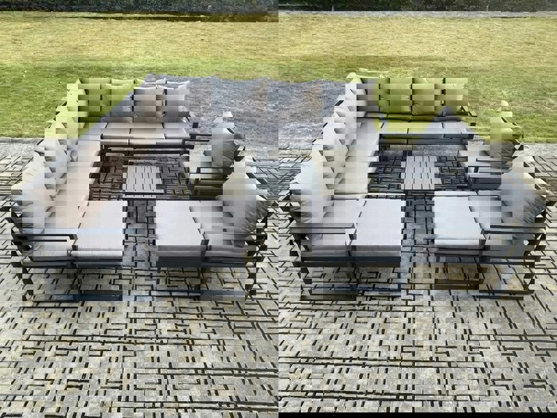Fimous Aluminium Outdoor Garden Furniture Set Lounge Corner Sofa 2 Pcs Chair Square Coffee Table Sets with 2 Big Footstools Dark Grey
