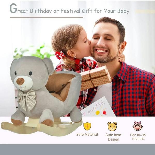 Grey plush bear rocking ride-on toy with bow tie and wooden rocker base