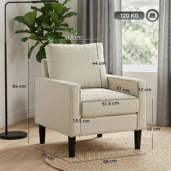 Accent Chair, Removable Pillow Linen Armchair with Comfy Spring Cushion for Living Room, Bedroom, Study, Cream