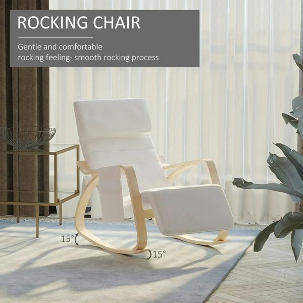 Cream white rocking lounge chair recliner with sloped back and cushioned footrest